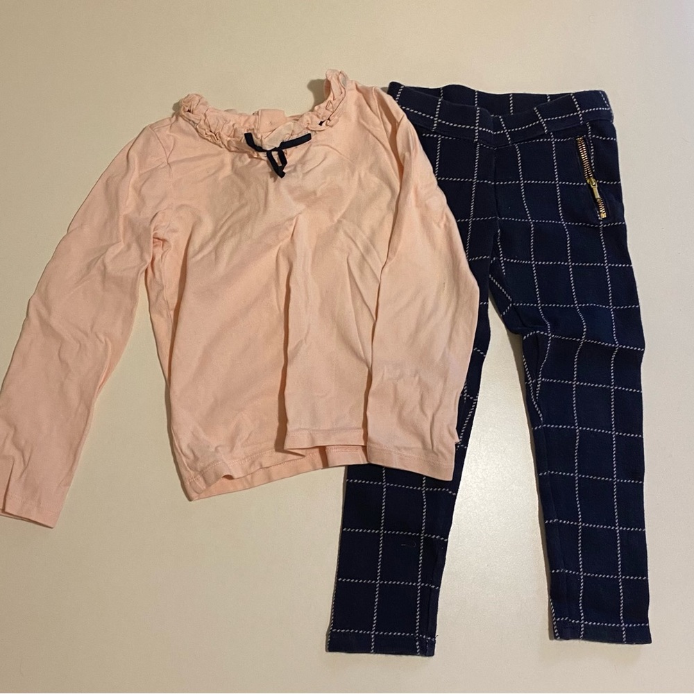 Janie and Jack Pink Blouse and Navy Windowpane Plaid Pants set size 5
